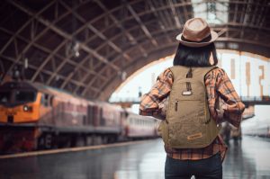 Asian,Woman,Tourist,Traveller,Backpack,To,Train,Station.,At,Hua