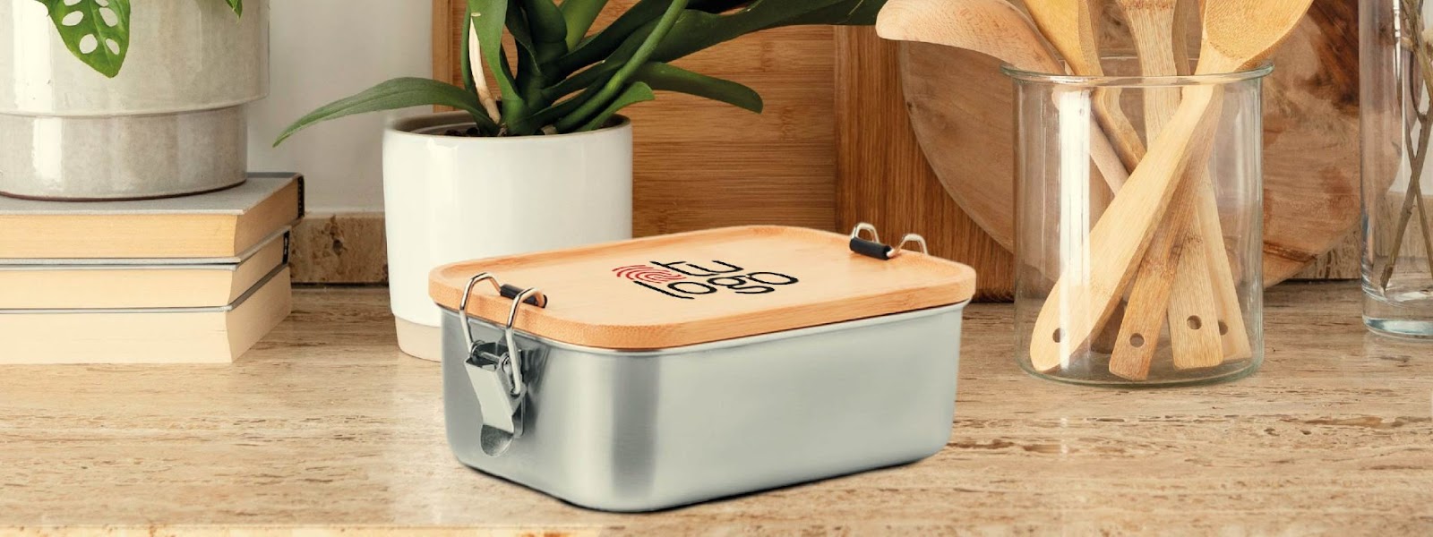 La evolución de las fiambreras personalizadas desde la Revolución Industrial 4 fiambrera de acero con tapa de bambú, con logo impreso