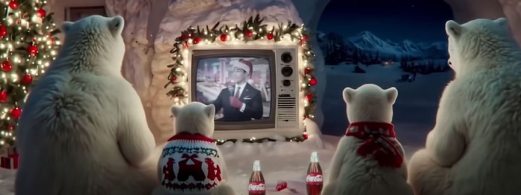 el anuncio navideño generado con IA de coca cola, osos polares viendo televisión