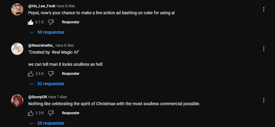 comentarios en el video del anuncio  de Navidad de Coca Cola generado con IA